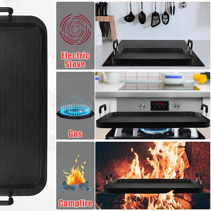 Vayepro Stove Top Flat Griddle, 17 Inch 2 Burner Griddle Pan for Stove Top Grill, Aluminum Pancake Griddle, Non-Stick Top Griddle for Gas Grill, Charcoal Grill Griddle For Outdoor/Camping