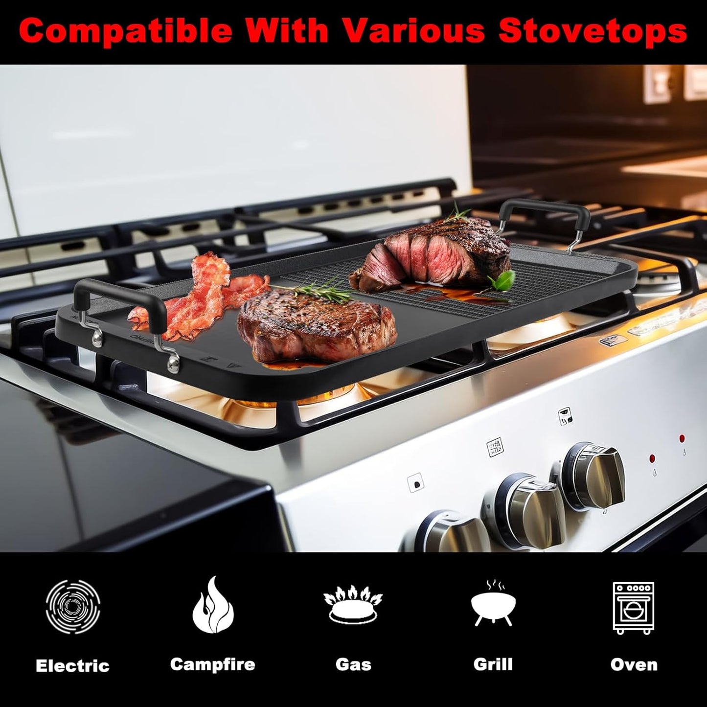 Vayepro 2-in-1 Stove Top Griddle & Grill Pan, 20 Inch Non-Stick Double Burner Griddle for Gas, Electric, and Camping Stoves, Perfect for Pancakes, BBQ