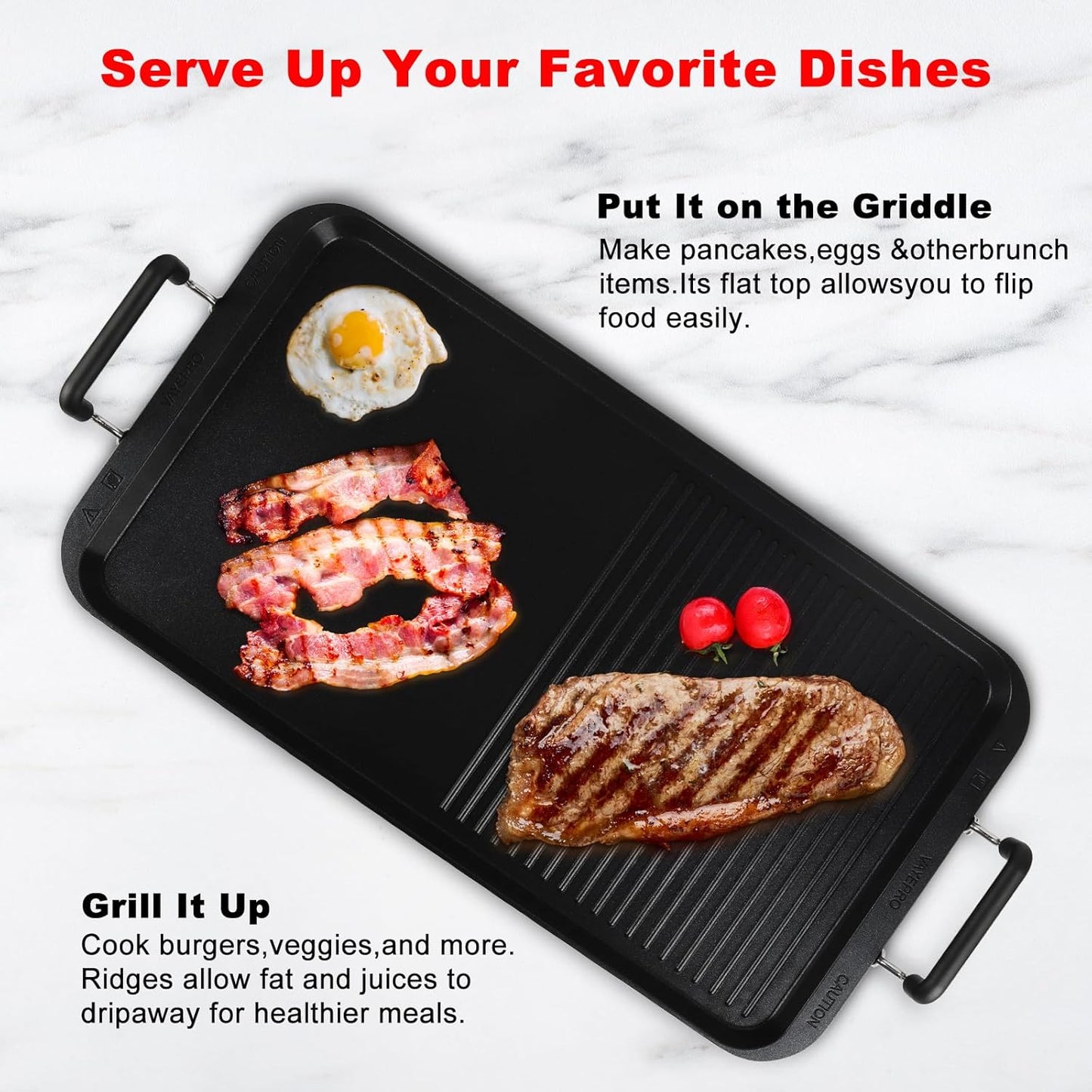 Vayepro 2-in-1 Stove Top Griddle & Grill Pan, 20 Inch Non-Stick Double Burner Griddle for Gas, Electric, and Camping Stoves, Perfect for Pancakes, BBQ