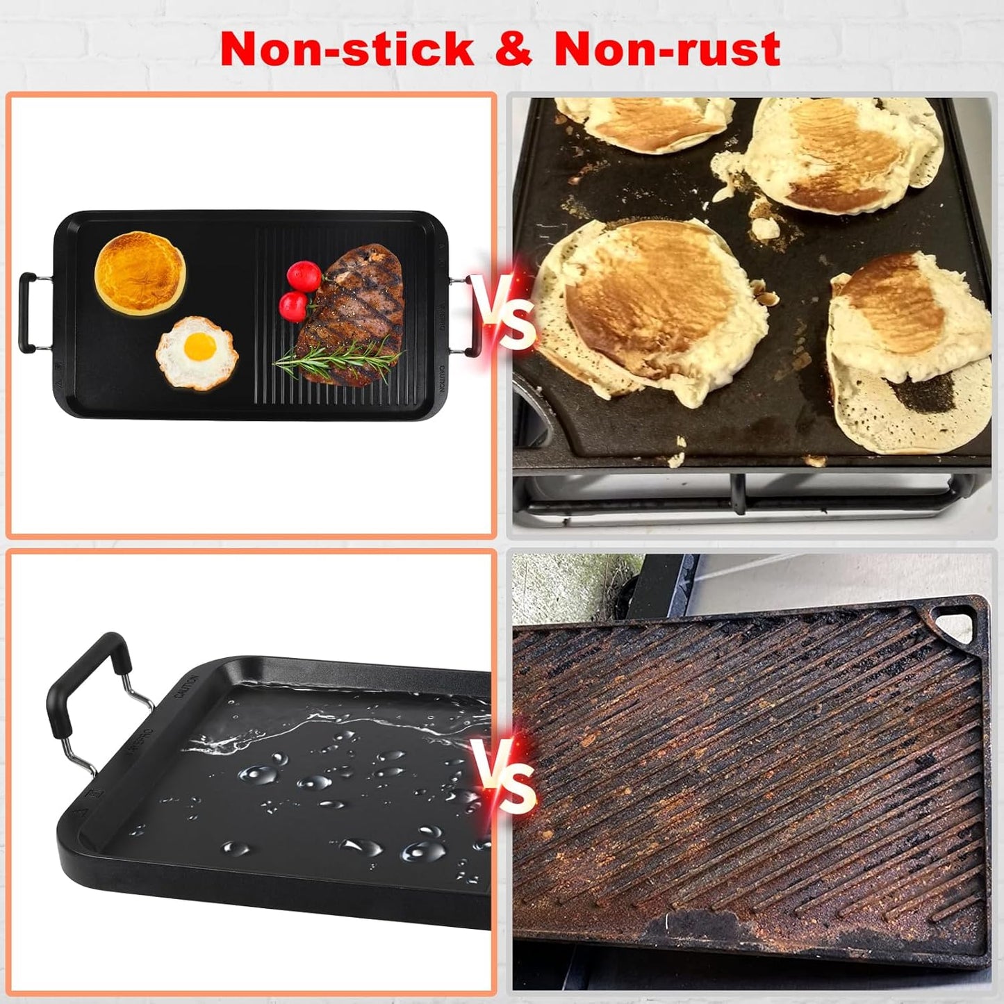 Vayepro 2-in-1 Stove Top Griddle & Grill Pan, 20 Inch Non-Stick Double Burner Griddle for Gas, Electric, and Camping Stoves, Perfect for Pancakes, BBQ