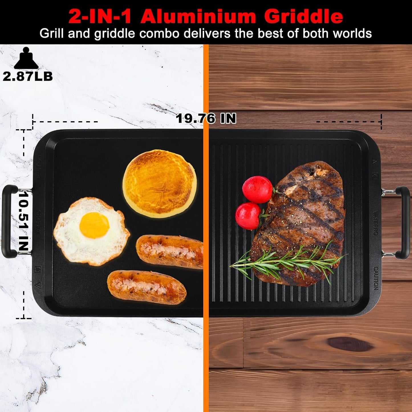 Vayepro 2-in-1 Stove Top Griddle & Grill Pan, 20 Inch Non-Stick Double Burner Griddle for Gas, Electric, and Camping Stoves, Perfect for Pancakes, BBQ