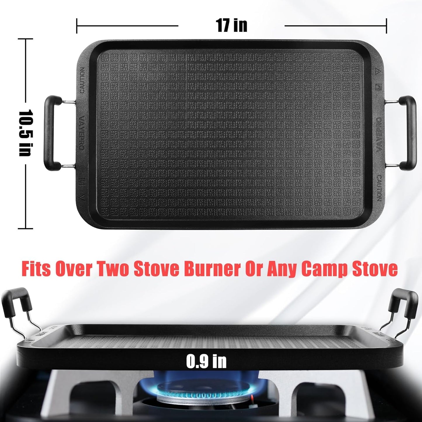 Vayepro Stove Top Flat Griddle, 17 Inch 2 Burner Griddle Pan for Stove Top Grill, Aluminum Pancake Griddle, Non-Stick Top Griddle for Gas Grill, Charcoal Grill Griddle For Outdoor/Camping