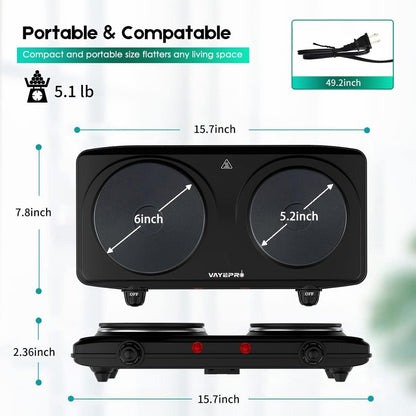 Electric Hot Plate, Double Cast Iron 2 Burner, 1800W Countertop Burner, Dual Electric Stove Burners, Portabel Electric Cooktop, Portabel Double Burner for Cooking
