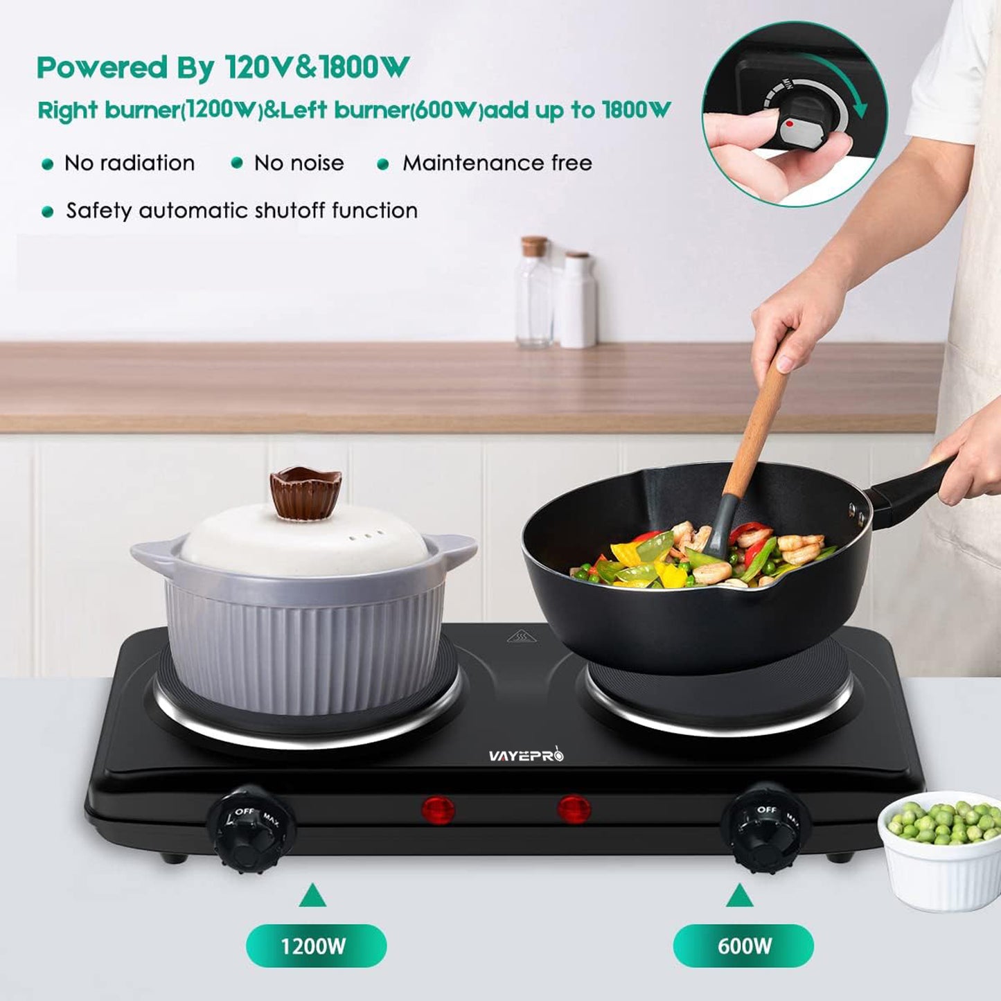 Electric Hot Plate, Double Cast Iron 2 Burner, 1800W Countertop Burner, Dual Electric Stove Burners, Portabel Electric Cooktop, Portabel Double Burner for Cooking