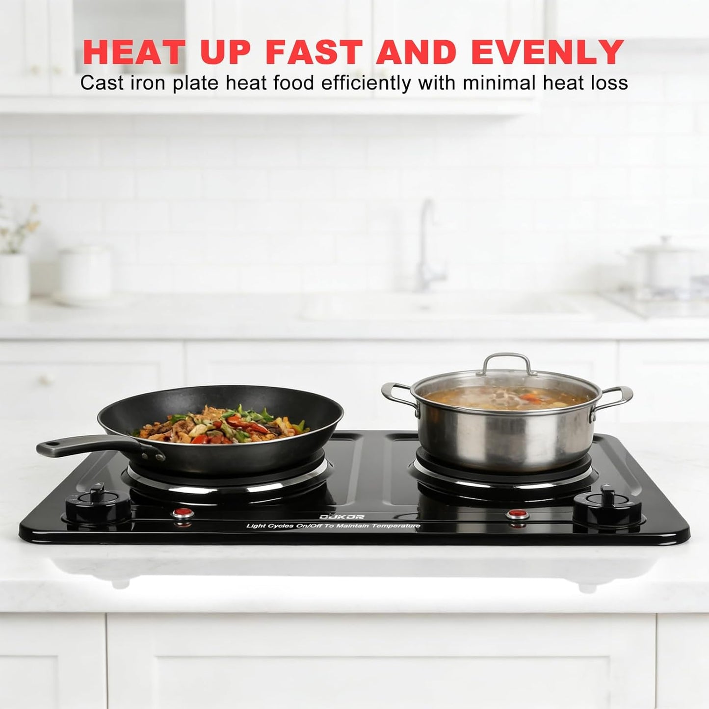 Double Burner Electric Hot Plate, 1800W Cast Iron Heating with Adjustable Temperature Control, Stainless Steel Body for Home, Dorm & Commercial Use