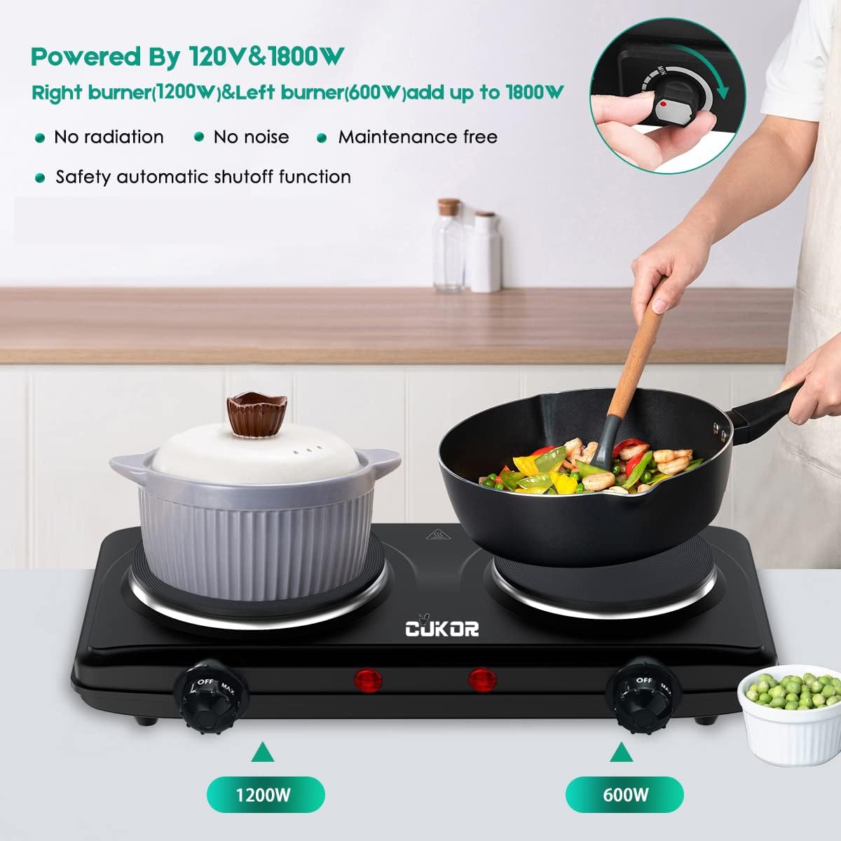 Electric Hot Plate, Double Cast Iron 2 Burner, 1800W Countertop Burner, Dual Electric Stove Burners, Portabel Electric Cooktop, Portabel Double Burner for Cooking