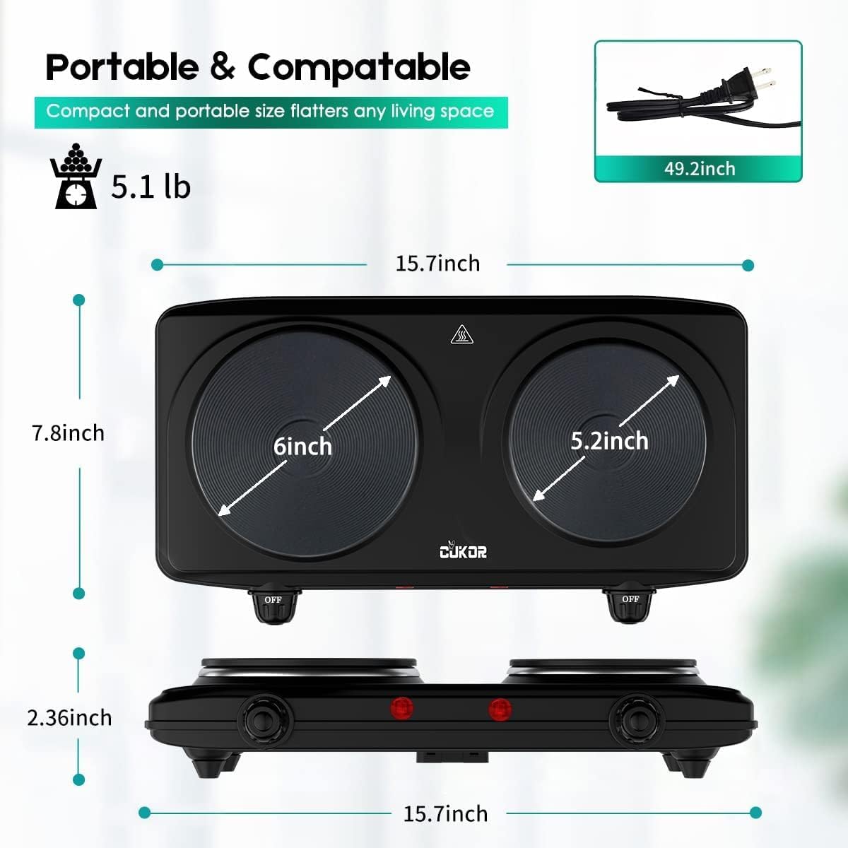 Electric Hot Plate, Double Cast Iron 2 Burner, 1800W Countertop Burner, Dual Electric Stove Burners, Portabel Electric Cooktop, Portabel Double Burner for Cooking