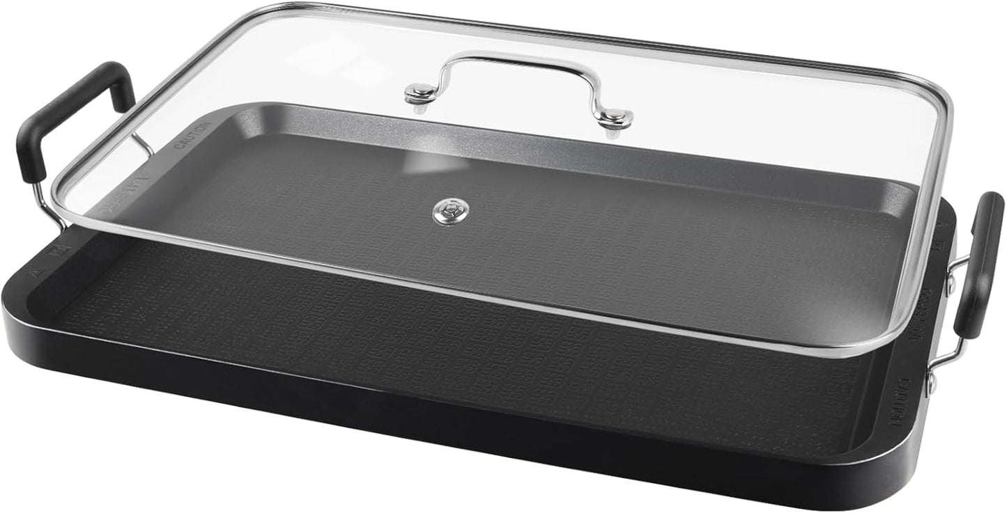 Vayepro 2 Burner Griddle Pan with Glass Lid,Stove Top Flat Griddle for Glass Stove Top,Aluminum Pancake Griddle,Non-Stick Griddle for Gas Grill