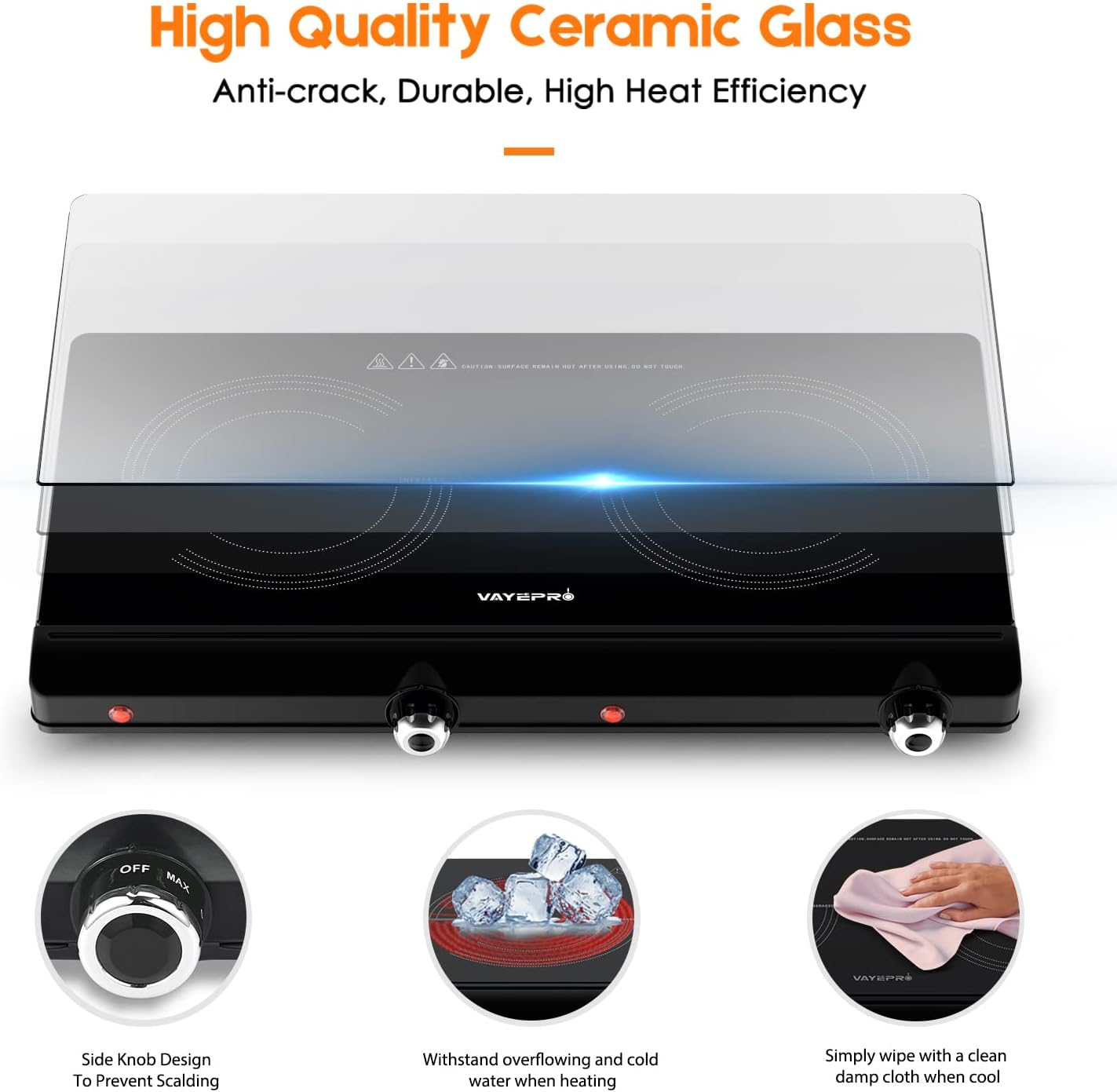Vayepro Infrared Double Burner Electric Cooktop - 1800W Portable Stove, Heat-up In Seconds, Countertop Cooktop for Dorm, Compatible with All Cookware