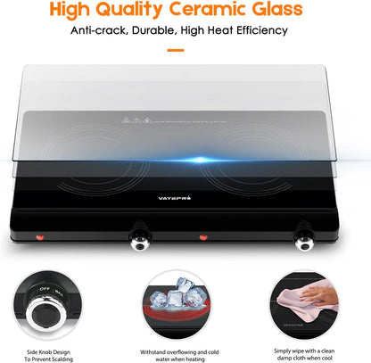 Vayepro Infrared Double Burner Electric Cooktop - 1800W Portable Stove, Heat-up In Seconds, Countertop Cooktop for Dorm, Compatible with All Cookware