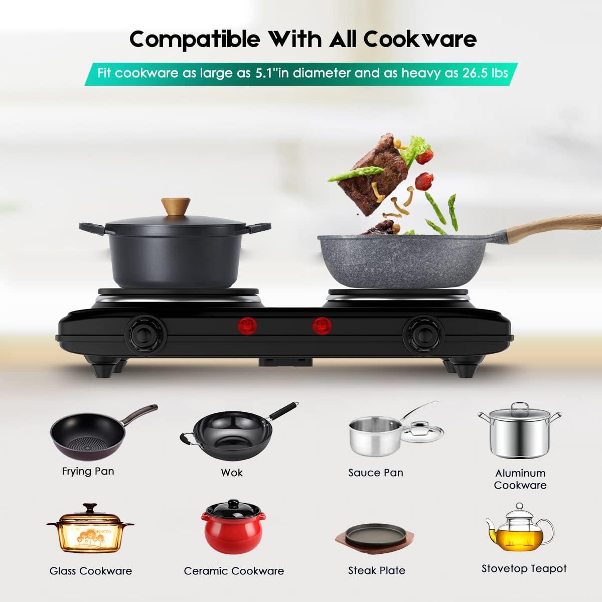Electric Hot Plate, Double Cast Iron 2 Burner, 1800W Countertop Burner, Dual Electric Stove Burners, Portabel Electric Cooktop, Portabel Double Burner for Cooking