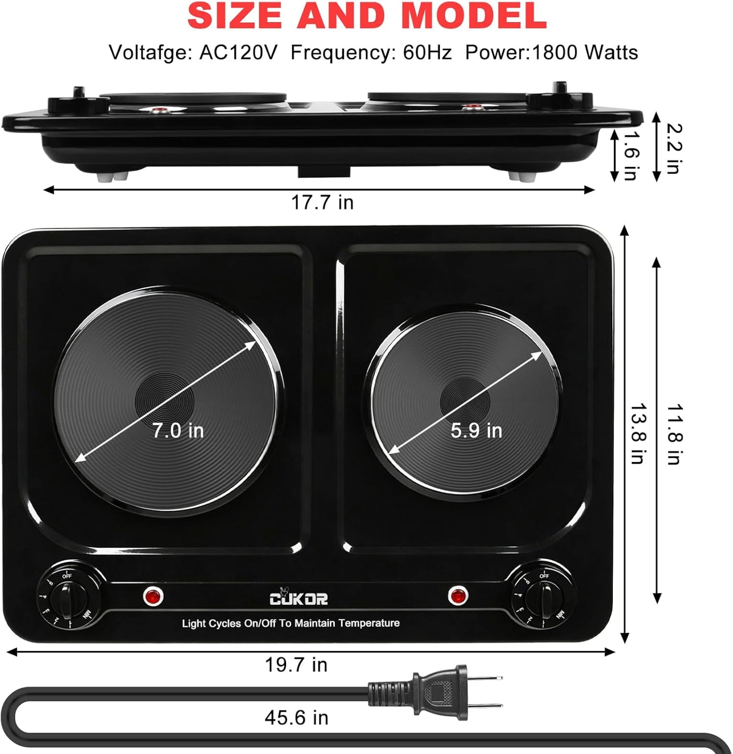 Double Burner Electric Hot Plate, 1800W Cast Iron Heating with Adjustable Temperature Control, Stainless Steel Body for Home, Dorm & Commercial Use
