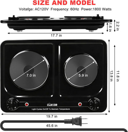 Double Burner Electric Hot Plate, 1800W Cast Iron Heating with Adjustable Temperature Control, Stainless Steel Body for Home, Dorm & Commercial Use
