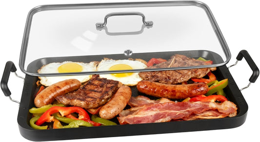 Vayepro 2-Burner Griddle Pan with Glass Lid - Nonstick Stovetop Griddle for Gas & Glass Cooktops - Aluminum Camping Grill Pan for Breakfast (Pancakes/Eggs/Bacon) (22"L x 12"W x 1.77"Th)