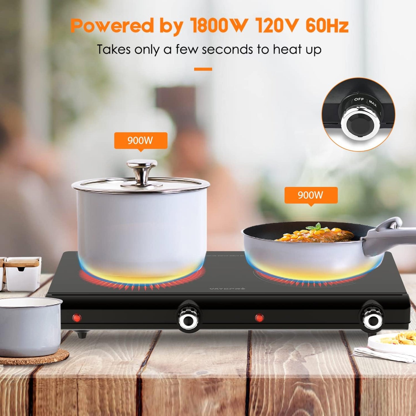 Vayepro Infrared Double Burner Electric Cooktop - 1800W Portable Stove, Heat-up In Seconds, Countertop Cooktop for Dorm, Compatible with All Cookware
