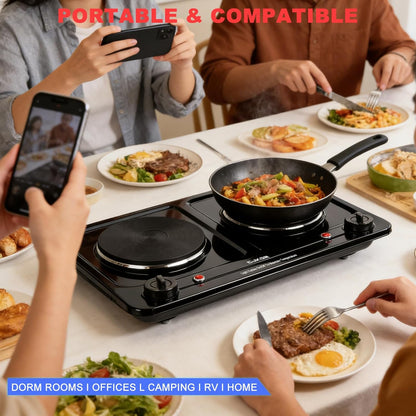 Double Burner Electric Hot Plate, 1800W Cast Iron Heating with Adjustable Temperature Control, Stainless Steel Body for Home, Dorm & Commercial Use
