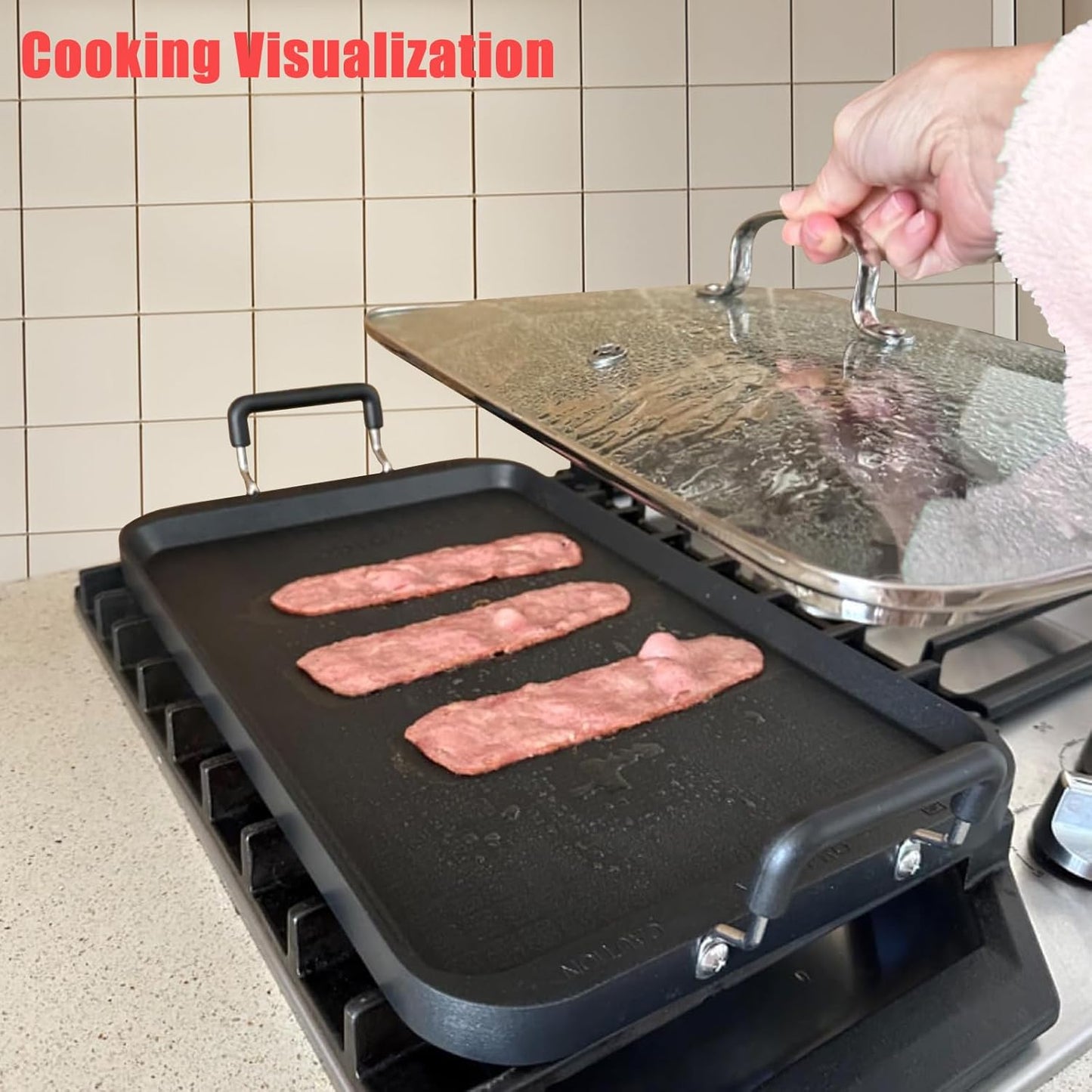 Vayepro 2 Burner Griddle Pan with Glass Lid,Stove Top Flat Griddle for Glass Stove Top,Aluminum Pancake Griddle,Non-Stick Griddle for Gas Grill