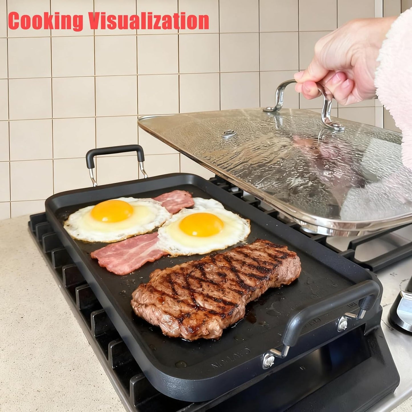 Vayepro 2-Burner Griddle Pan with Glass Lid - Nonstick Stovetop Griddle for Gas & Glass Cooktops - Aluminum Camping Grill Pan for Breakfast (Pancakes/Eggs/Bacon) (22"L x 12"W x 1.77"Th)