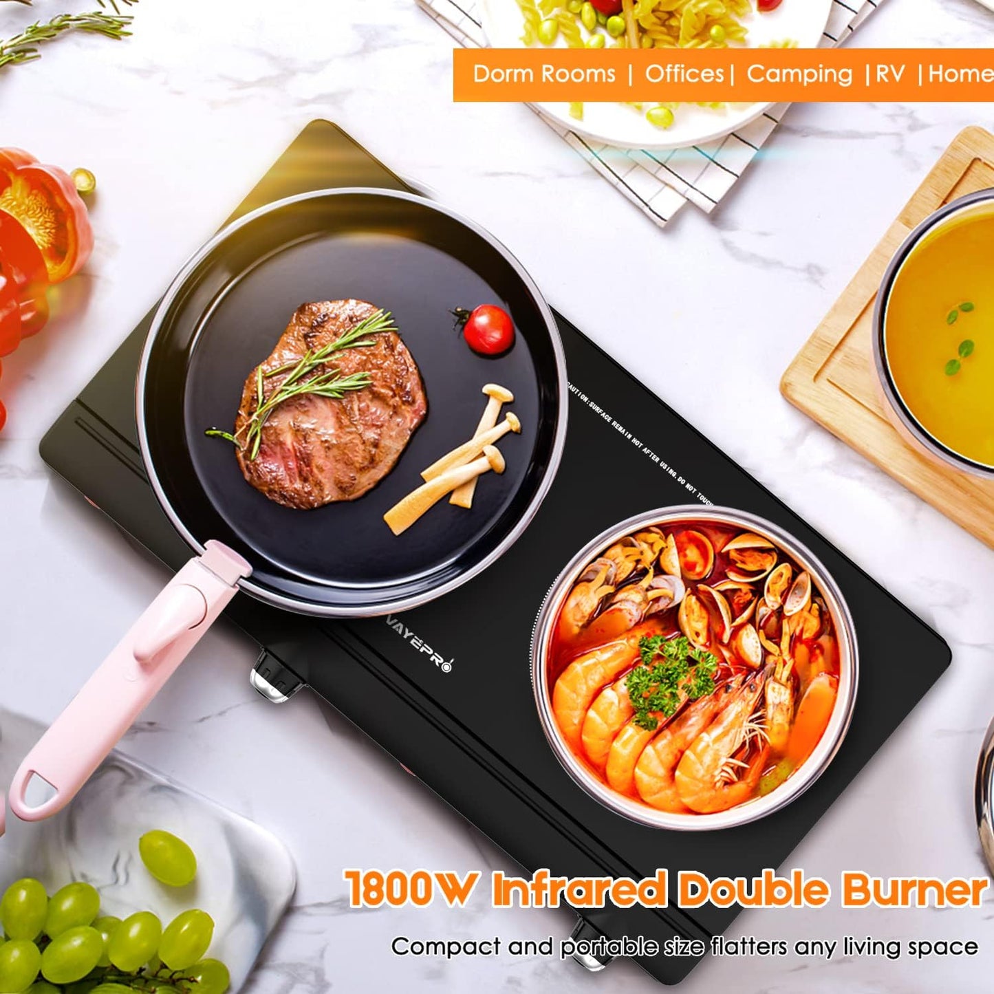 Vayepro Infrared Double Burner Electric Cooktop - 1800W Portable Stove, Heat-up In Seconds, Countertop Cooktop for Dorm, Compatible with All Cookware