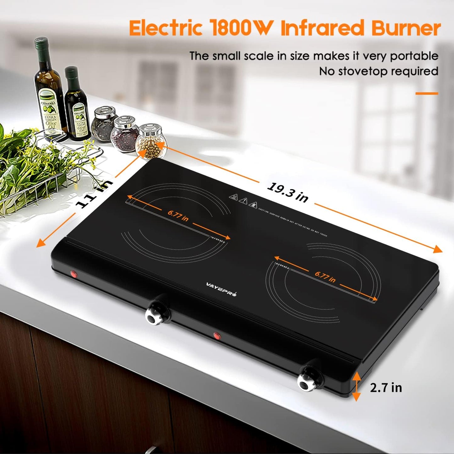 Vayepro Infrared Double Burner Electric Cooktop - 1800W Portable Stove, Heat-up In Seconds, Countertop Cooktop for Dorm, Compatible with All Cookware