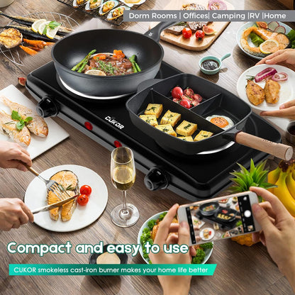 Electric Hot Plate, Double Cast Iron 2 Burner, 1800W Countertop Burner, Dual Electric Stove Burners, Portabel Electric Cooktop, Portabel Double Burner for Cooking