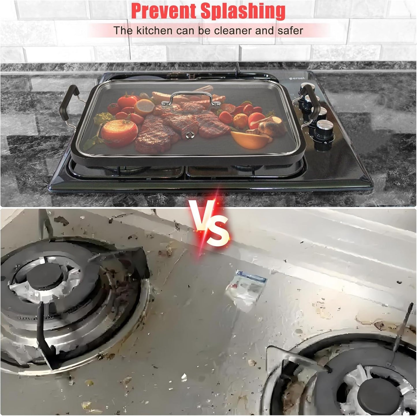 Vayepro 2 Burner Griddle Pan with Glass Lid,Stove Top Flat Griddle for Glass Stove Top,Aluminum Pancake Griddle,Non-Stick Griddle for Gas Grill