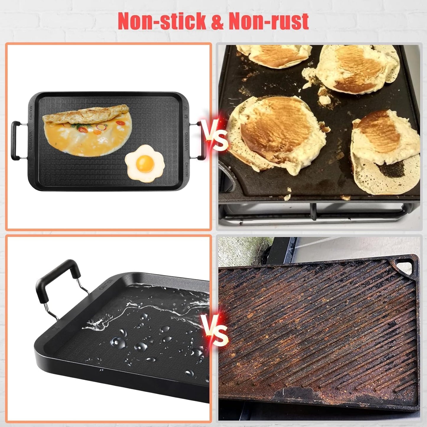 Vayepro 2-Burner Griddle Pan with Glass Lid - Nonstick Stovetop Griddle for Gas & Glass Cooktops - Aluminum Camping Grill Pan for Breakfast (Pancakes/Eggs/Bacon) (22"L x 12"W x 1.77"Th)
